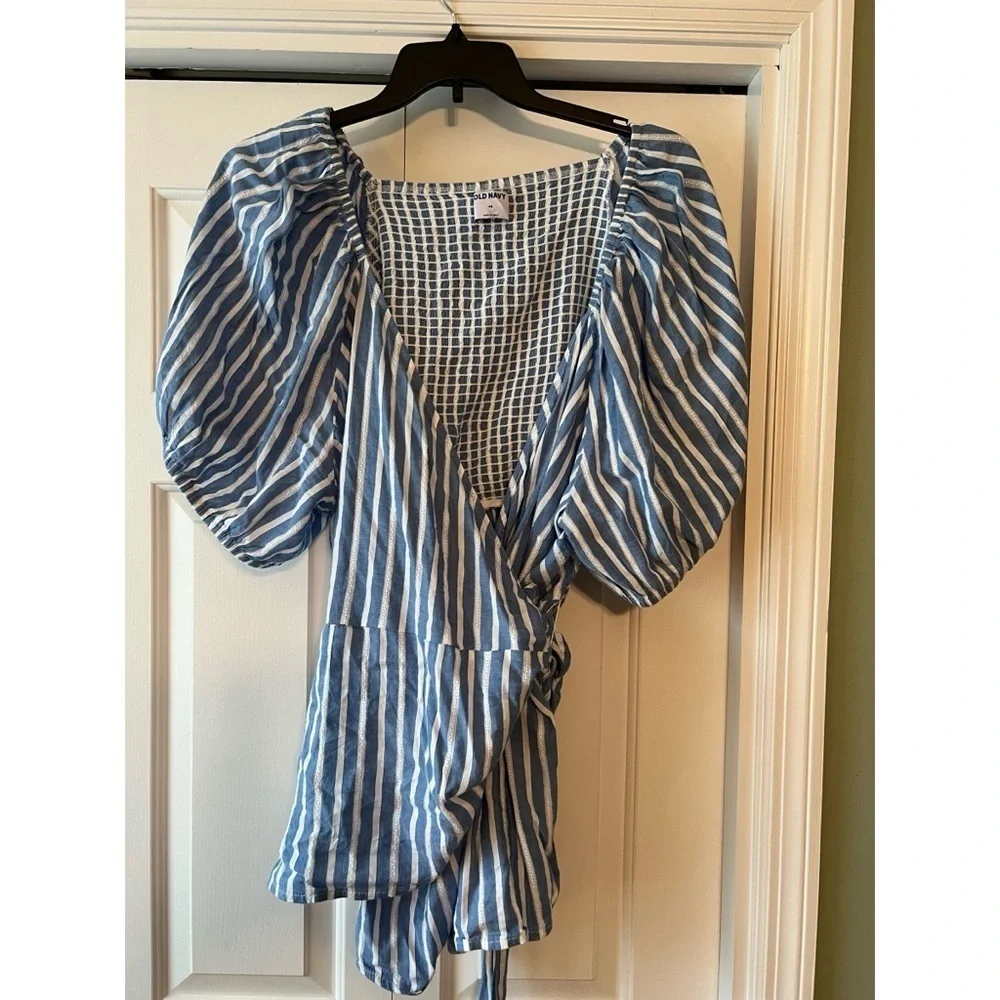 Old Navy Blue White Stripe True Wrap Top Blouse 4X Puff Sleeve Plus EUC 4X #1018
